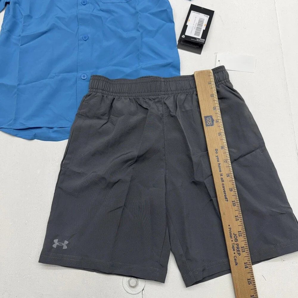 Under Armour Shirt Shorts Set Boys 7 Blue Gray Collared Button 2 Piece Outfit
